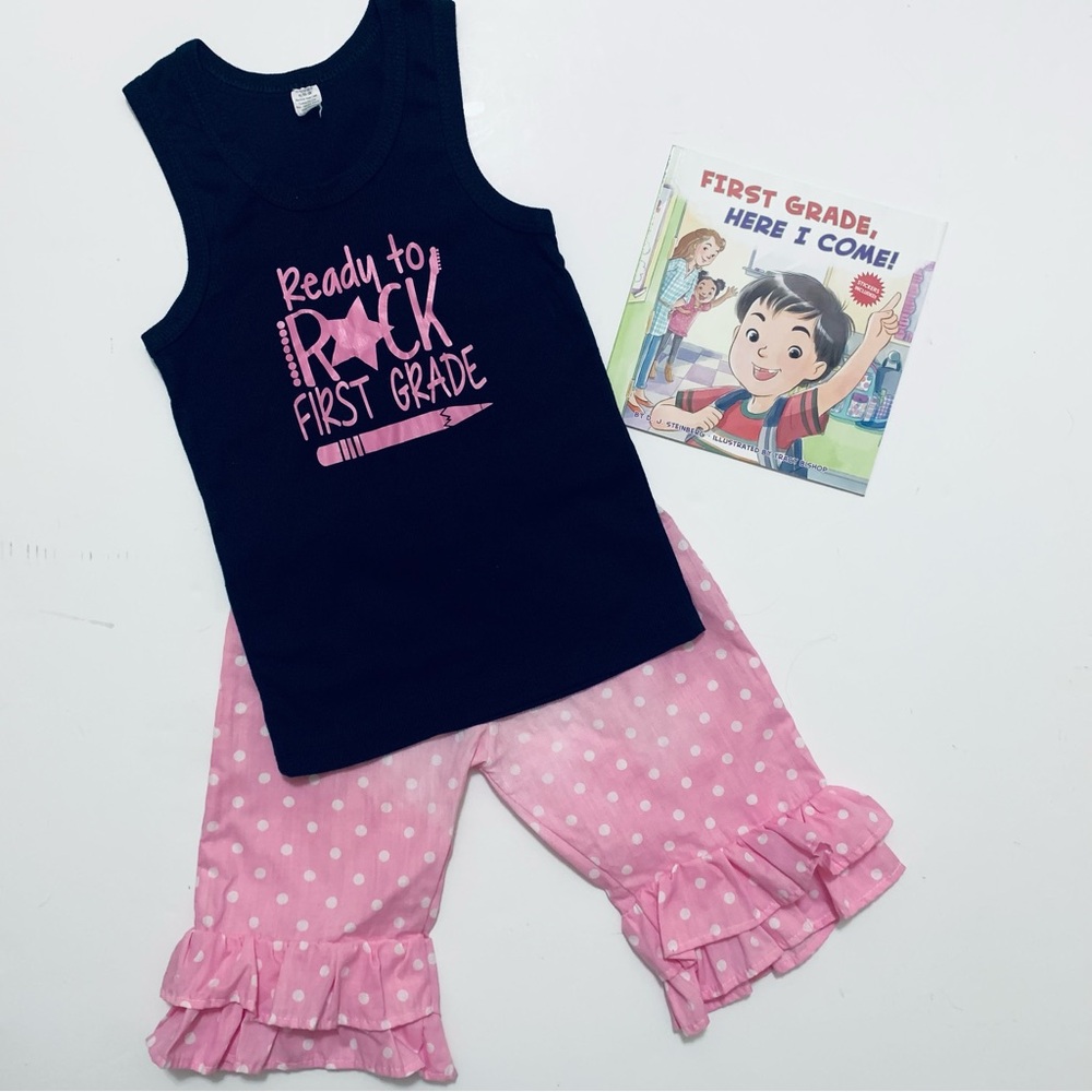 Girls’ Ready to ROCK First Grade Pink and Black Pajama Set sz 7  plus Book